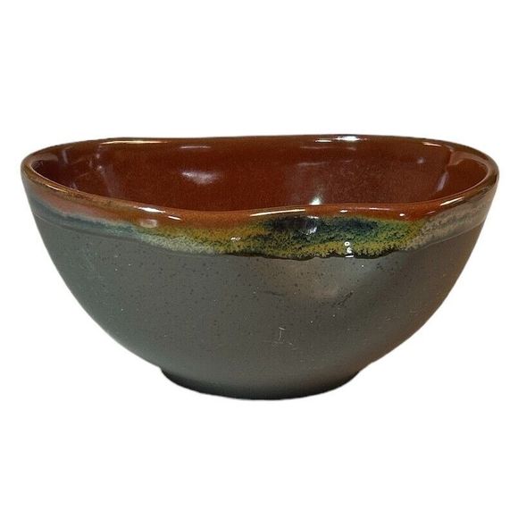 Vintage Grey and Siena Brown Stoneware Kidney Shaped Glazed Bowl - Picture 3 of 8